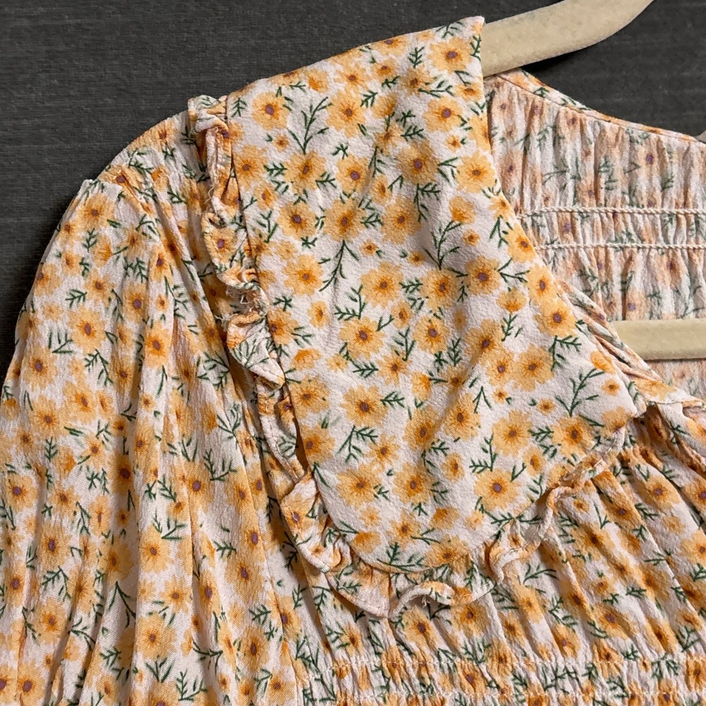 Elodie Top M Orange Yellow Floral Smocked Ruffle Collar Tie Crop Boho Cottage - Picture 2 of 10
